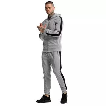(SU)Мужской спортивный костюм с капюшоном с карманами и молнией, однотонный лоскутный костюм