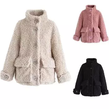 (SU)Новая женская модная свободная плюшевая теплая кашемировая куртка больших размеров с лацканами