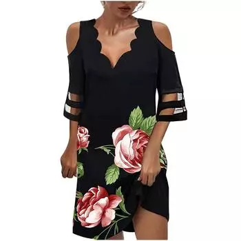 (SU)Новое летнее платье с v-образным вырезом и цветочным принтом, модное женское платье с короткими рукавами XXL розовый