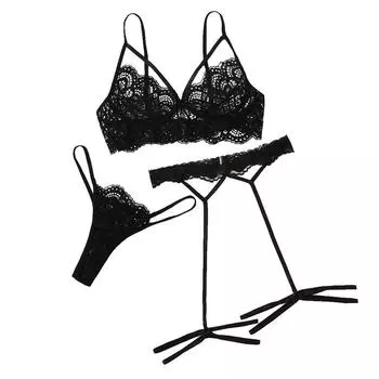 (SU)Новый женский сексуальный кружевной бюстгальтер с полыми стрингами и подвязками, пижама, черный комплект нижнего белья S-xL M
