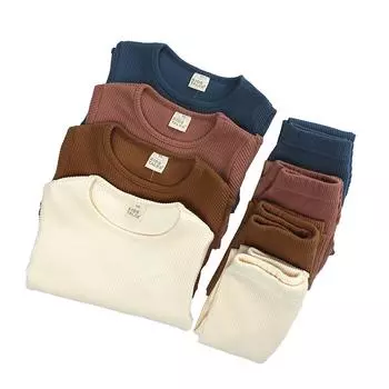 (SU)Однотонные вязаные топы и штаны для маленьких мальчиков и девочек, комплект пижамной одежды для сна 110 бежевый