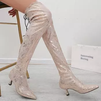 (SU)Осенне-зимняя модная новая женская обувь выше колена со змеиным принтом большого размера 43 бежевый