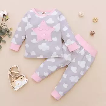 (SU)Пижамы для маленьких девочек, одежда для сна со звездой, луной и облаком, топы и штаны с вышивкой, одежда для сна 80 серый