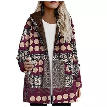 (SU)Плюс размер женщин зимние теплые карманы с принтом толстые молнии с капюшоном пальто верхняя одежда S красный