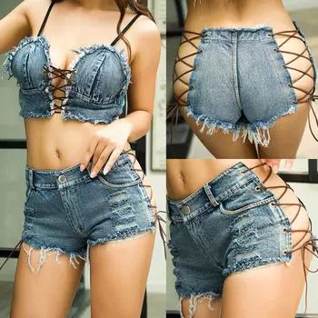 (SU)Сексуальные женские бандажные джинсы Брюки Джинсовые шорты с высокой талией и открытой нижней частью M синий