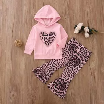 (SU)Толстовка с капюшоном и штанами для новорожденных девочек со стразами в форме сердца и леопардовым принтом, комплект одежды 120 розовый