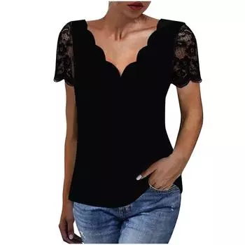 (SU)Топы для женщин, повседневные футболки с цветочным принтом, рябь, V-образный вырез, кружевные тюлевые футболки с короткими рукавами