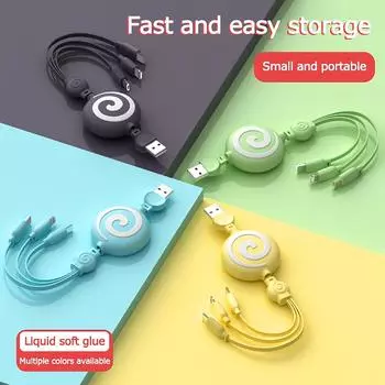 (SU) USB-кабель для зарядки USB-Micro USB/Type-C/8-контактный кабель для iPhone13 12, выдвижной зарядный кабель 100 см, 3 А, шнур для быстрой зарядки(1m) One Size чёрный