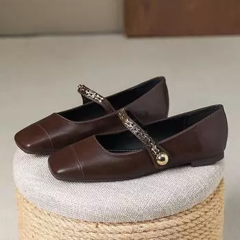 Su Yinyin s same Mary Jane women s shoes 2025 new soft-soled flat-soled square head shallow mouth one-word buckle single shoes W109-2 35 чёрный