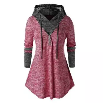 (SU)Женщины Повседневная Плюс Размер Космическое окрашивание Туника с длинным рукавом с капюшоном Топы Футболка Блузка XXXXXL красный