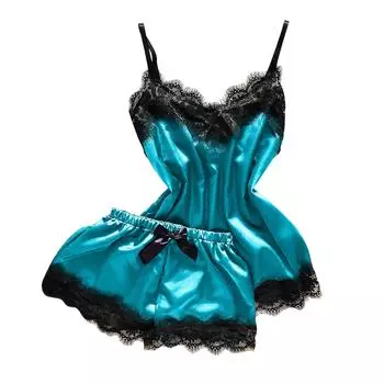 (SU)Женщины v-образным вырезом ресницы кружева сексуальные пятна камзол пижамы бантом шорты набор M тёмно-синий