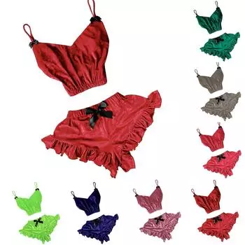 (SU)Женская бархатная сексуальная пижама с v-образным вырезом и шортами с бантом L серый