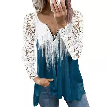 (SU)Женская футболка с принтом и кружевными рукавами, топ с принтом L чёрный