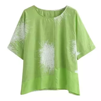 (SU)Женская хлопковая льняная блузка с короткими рукавами больших размеров, футболка с принтом