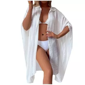 (SU)Женская хлопковая рубашка, свободный пляжный кардиган, праздничный солнцезащитный крем, бикини, купальник, внешний кардиган One Size чёрный