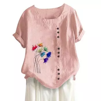 (SU)Женская хлопково-льняная футболка с круглым вырезом, коротким рукавом и пуговицами, футболка с принтом