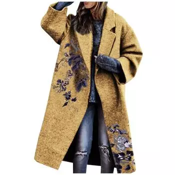 (SU)Женская мода для отдыха с длинными рукавами и лацканами, кардиган с принтом, пальто XL жёлтый