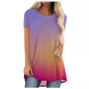 (SU)Женская мода, летние длинные туники, повседневные топы, рубашки с короткими рукавами с принтом, футболки