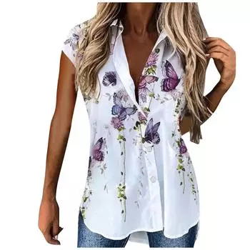 (SU)Женская мода, летняя повседневная свободная рубашка с короткими рукавами с лацканами и принтом, топ L чёрный