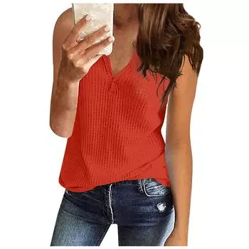 (SU)Женская мода, однотонная повседневная футболка без рукавов с v-образным вырезом, топ