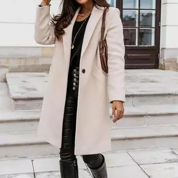 (SU)Женская мода однотонное шерстяное пальто с длинными рукавами и лацканами средней длины на пуговицах S