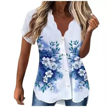 (SU)Женская мода, повседневная летняя блузка с коротким рукавом и пуговицами, лето 2022 XXL синий