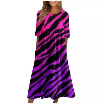 (SU)Женская мода повседневное пуловер с круглым вырезом и принтом с коротким рукавом свободное платье