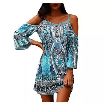 (SU)Женская мода с принтом и круглым вырезом с коротким рукавом и открытыми плечами, сексуальное платье на бретельках L синий