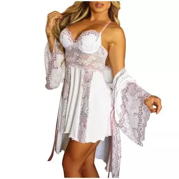 (SU)Женская мода сплошной цвет ремень сексуальная кружевная ночная рубашка нижнее белье L белый