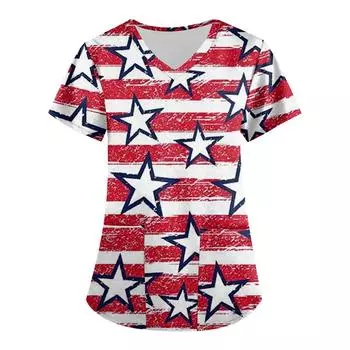 (SU)Женская мода, топы с короткими рукавами и v-образным вырезом с принтом на День независимости, рабочая блузка с карманами XXXL синий