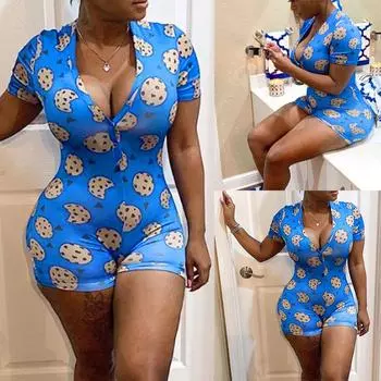 (SU)Женская мода V-образным вырезом с принтом печенья с коротким рукавом Комбинезон Пижама Боди