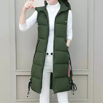 (SU)Женская мода Верхняя одежда Куртки с капюшоном без рукавов Пальто с принтом на хлопковой подкладке XXL зелёный