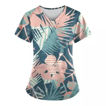 (SU)Женская мода весна и лето картина маслом с принтом V-образным вырезом с коротким рукавом рабочая одежда с карманами топы L чёрный