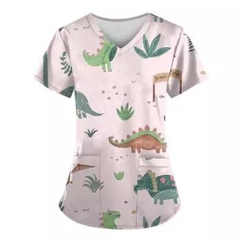 (SU)Женская мода весна и лето картина маслом с принтом V-образным вырезом с коротким рукавом рабочая одежда с карманами топы L чёрный