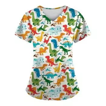 (SU)Женская мода весна и лето картина маслом с принтом V-образным вырезом с коротким рукавом рабочая одежда с карманами топы L армия зеленый