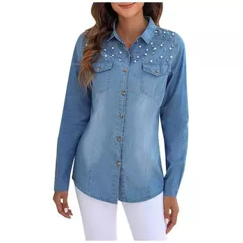 (SU)Женская модная повседневная джинсовая куртка на пуговицах с длинными рукавами и лацканами 2022, пальто L синий