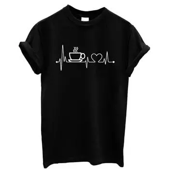 (SU)Женская повседневная блузка с коротким рукавом и кофейным принтом электрокардиограммы L белый