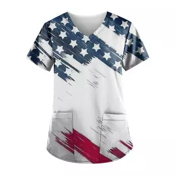 (SU)Женская повседневная футболка с v-образным вырезом и принтом больших размеров на День независимости с карманами XXL синий