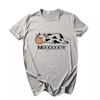 (SU)Женская повседневная футболка с забавным принтом коровы и короткими рукавами, топ S белый
