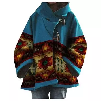 (SU)Женская повседневная куртка с капюшоном и длинным рукавом с принтом в стиле ретро, пальто на пуговицах XL синий