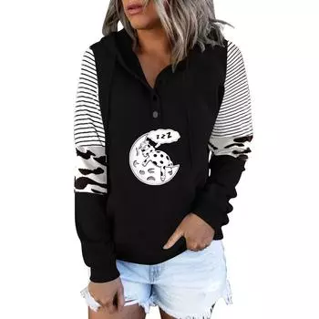 (SU)Женская повседневная мода 2022, пуловер в полоску с принтом коров и длинными рукавами, топ с капюшоном M хаки