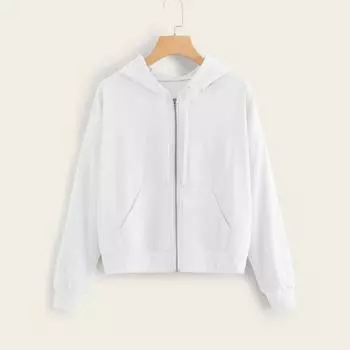 (SU)Женская повседневная однотонная рубашка с длинным рукавом и карманом на молнии, толстовка с капюшоном