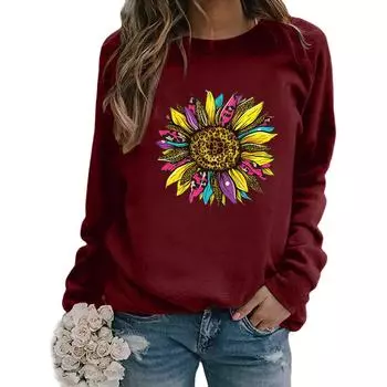 (SU)Женская повседневная свободная блузка с круглым вырезом и длинным рукавом с принтом подсолнуха, футболка
