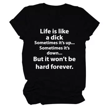 (SU)Женская повседневная свободная футболка с коротким рукавом и круглым вырезом с текстовым принтом, топ XXL чёрный