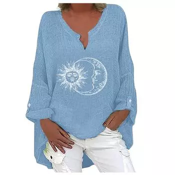 (SU)Женская повседневная свободная рубашка с v-образным вырезом и принтом из хлопка и льна с длинным рукавом M чёрный