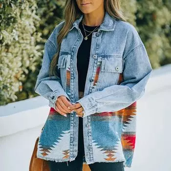 (SU)Женская свободная повседневная джинсовая куртка Женская куртка с черным пальто с длинными рукавами и карманами M синий