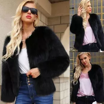 (SU)Женская теплая куртка из искусственного меха, зимняя однотонная парка, верхняя одежда M чёрный