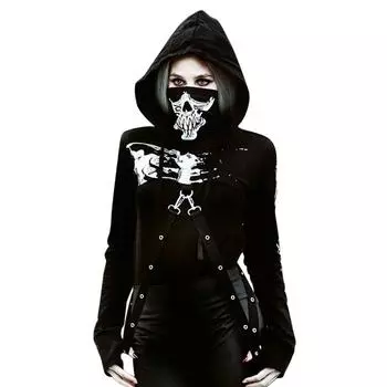 (SU)Женская толстовка в стиле панк с черным принтом и длинным рукавом, модная толстовка на Хэллоуин M чёрный