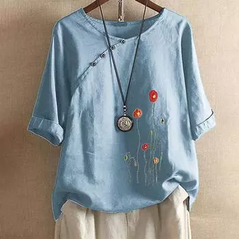 (SU)Женская винтажная блузка больших размеров с цветочной вышивкой и пуговицами с половиной рукавом, футболка