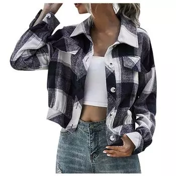 (SU)Женская зимняя повседневная свободная шерстяная рубашка в клетку, плюшевая рубашка в клетку, куртка L тёмно-синий